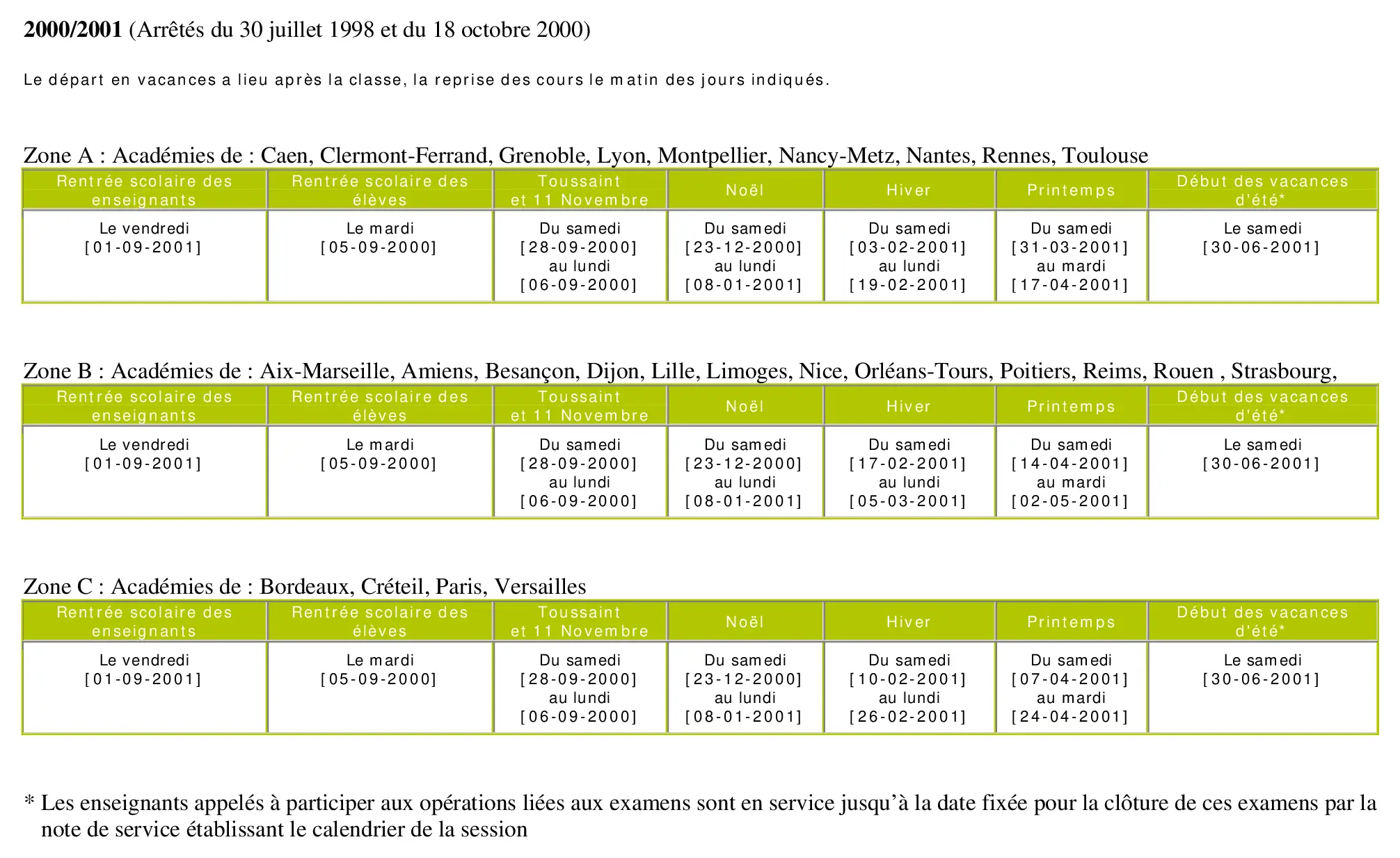 calendrier scolaire officiel 2000-2001