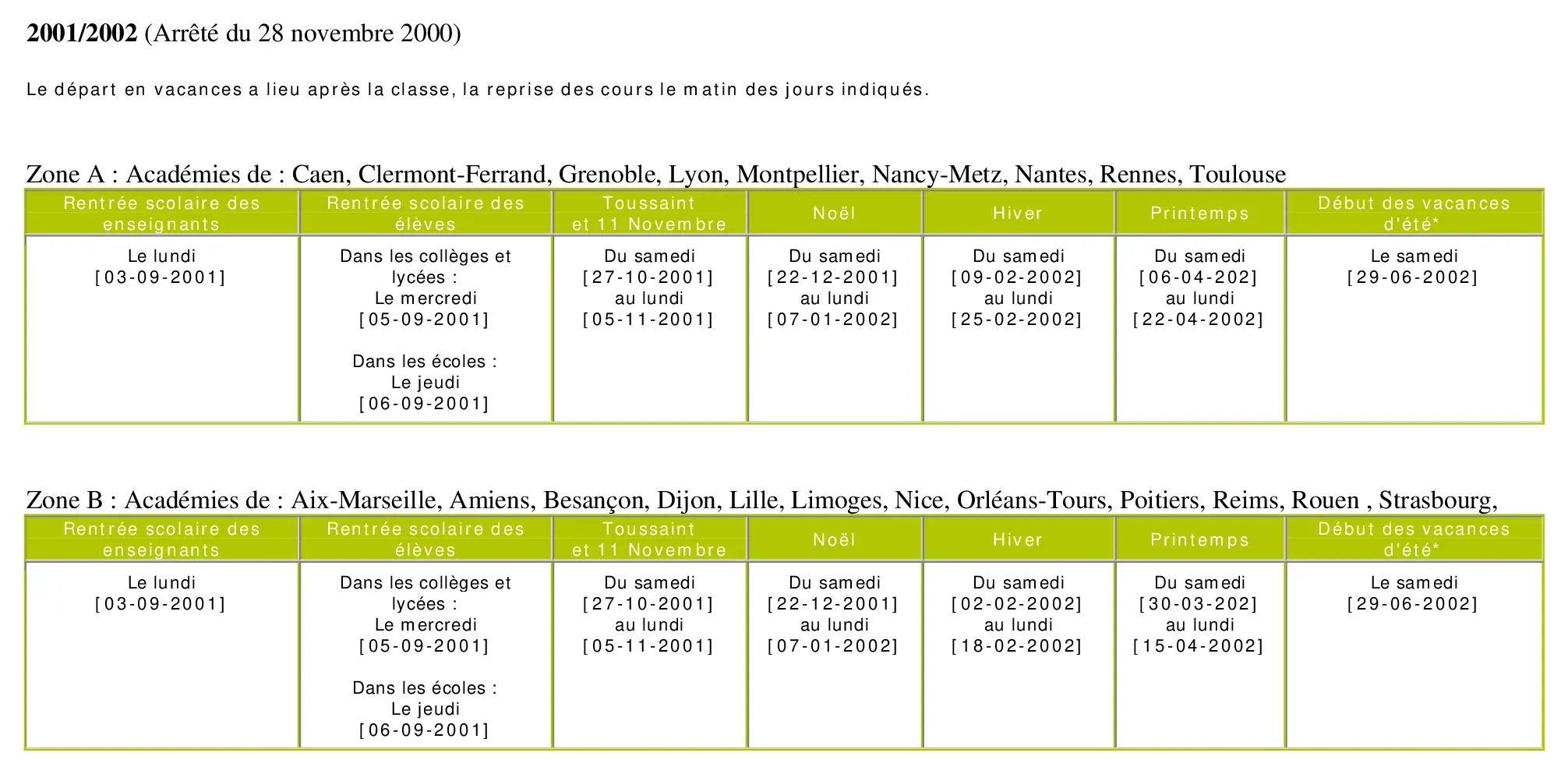 calendrier scolaire officiel 2001-2002