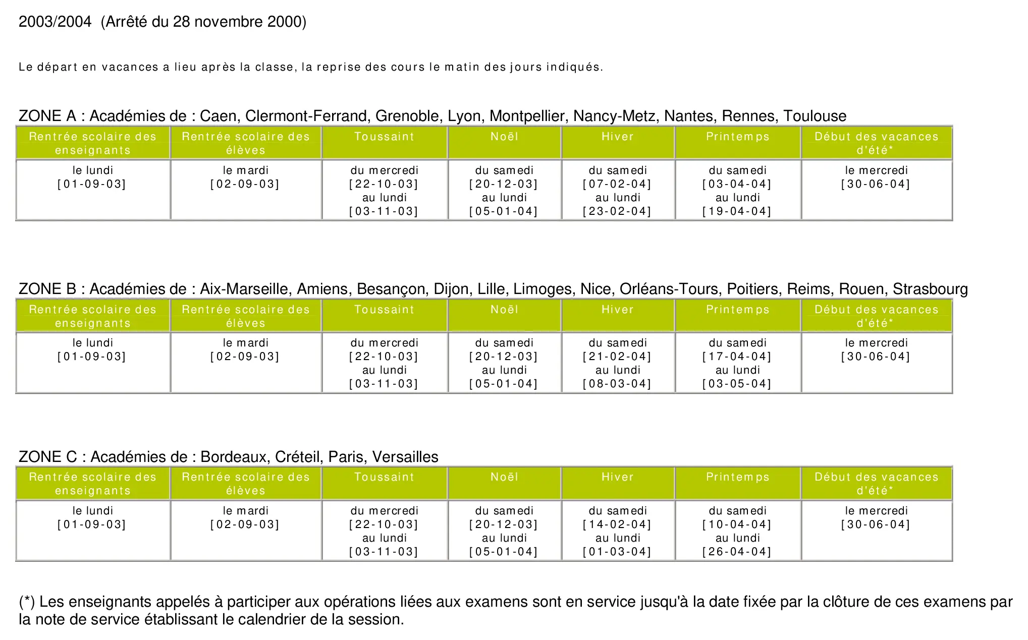calendrier scolaire officiel 2003-2004