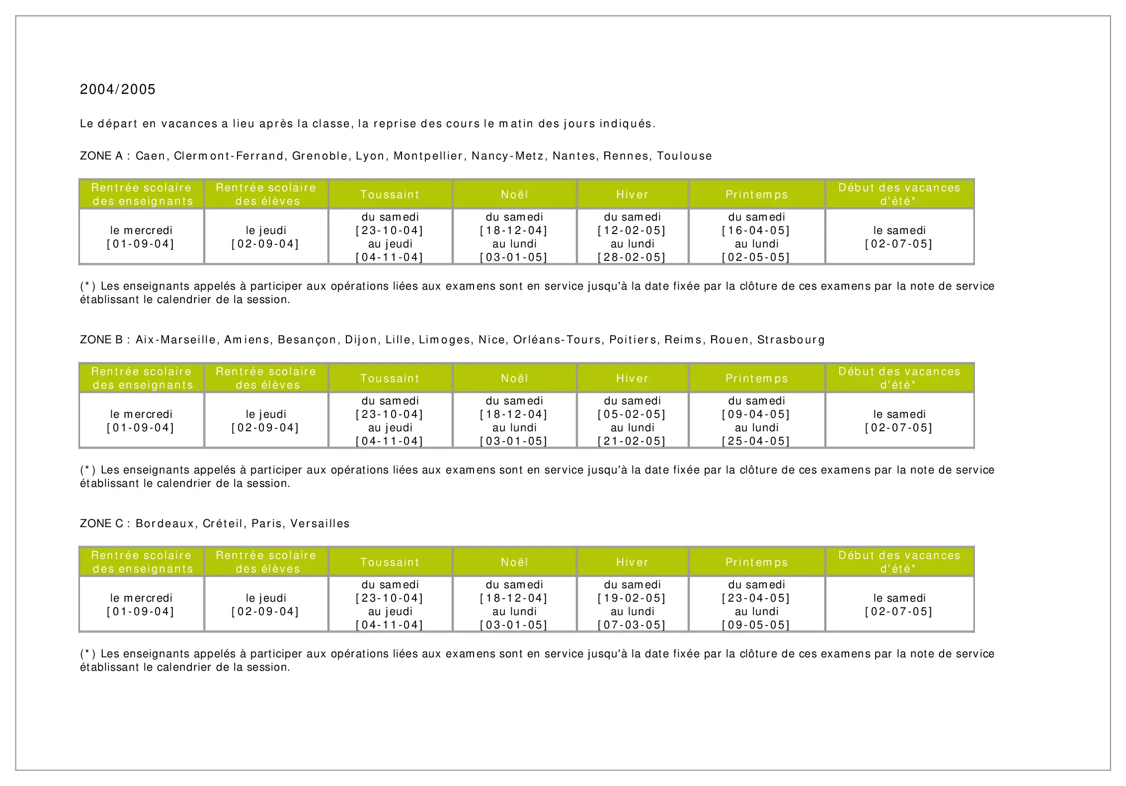 calendrier scolaire officiel 2004-2005