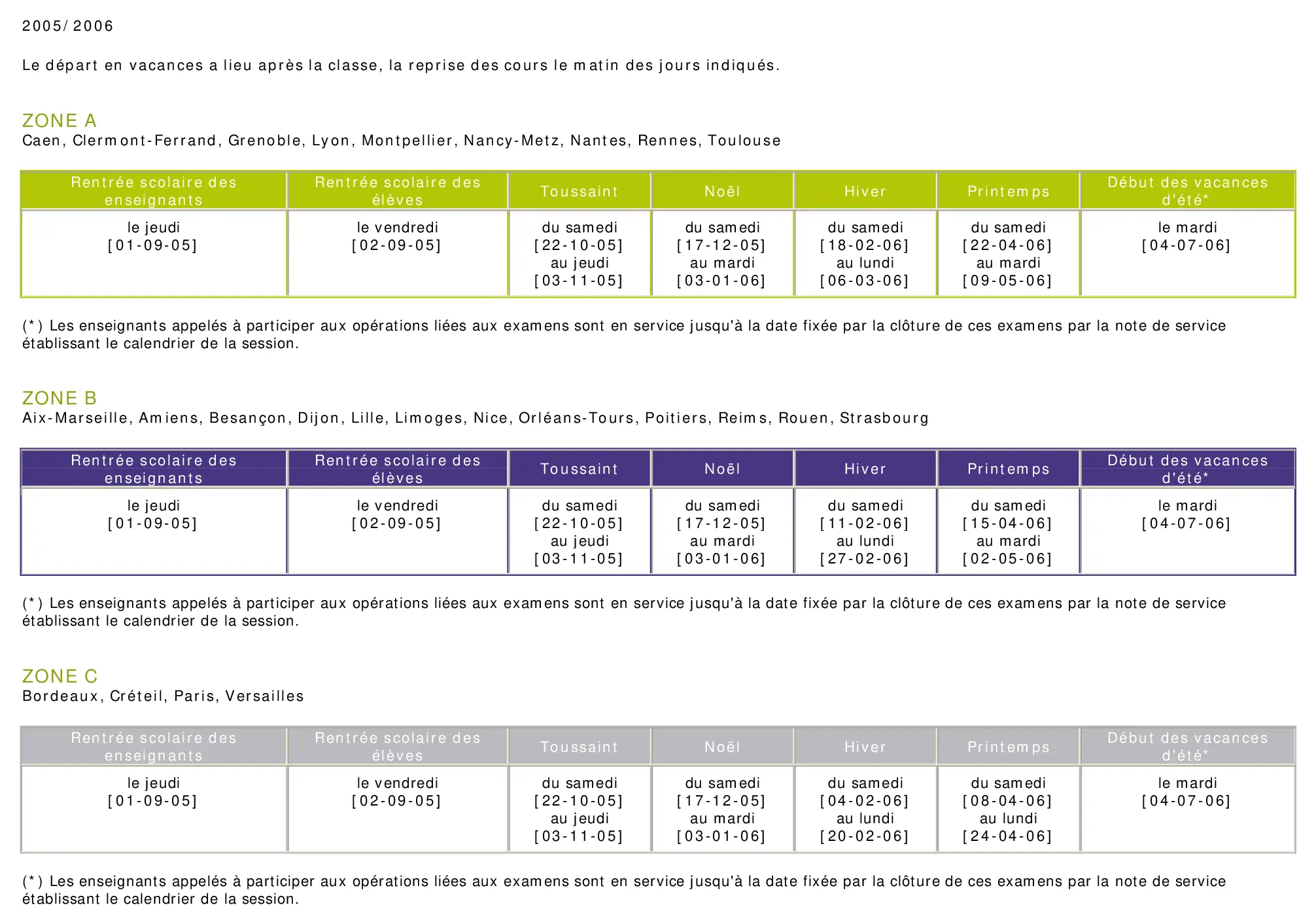 calendrier scolaire officiel 2005-2006