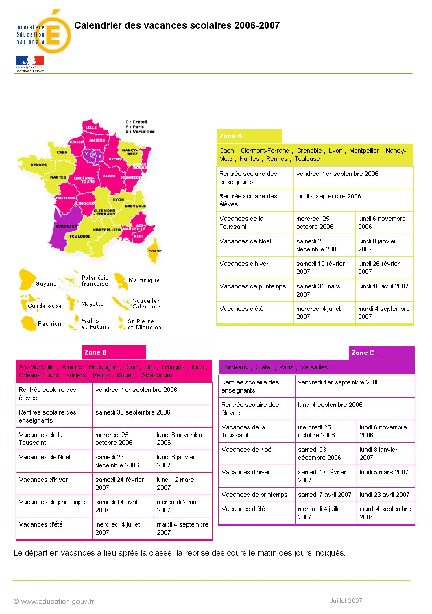 calendrier scolaire officiel 2006-2007