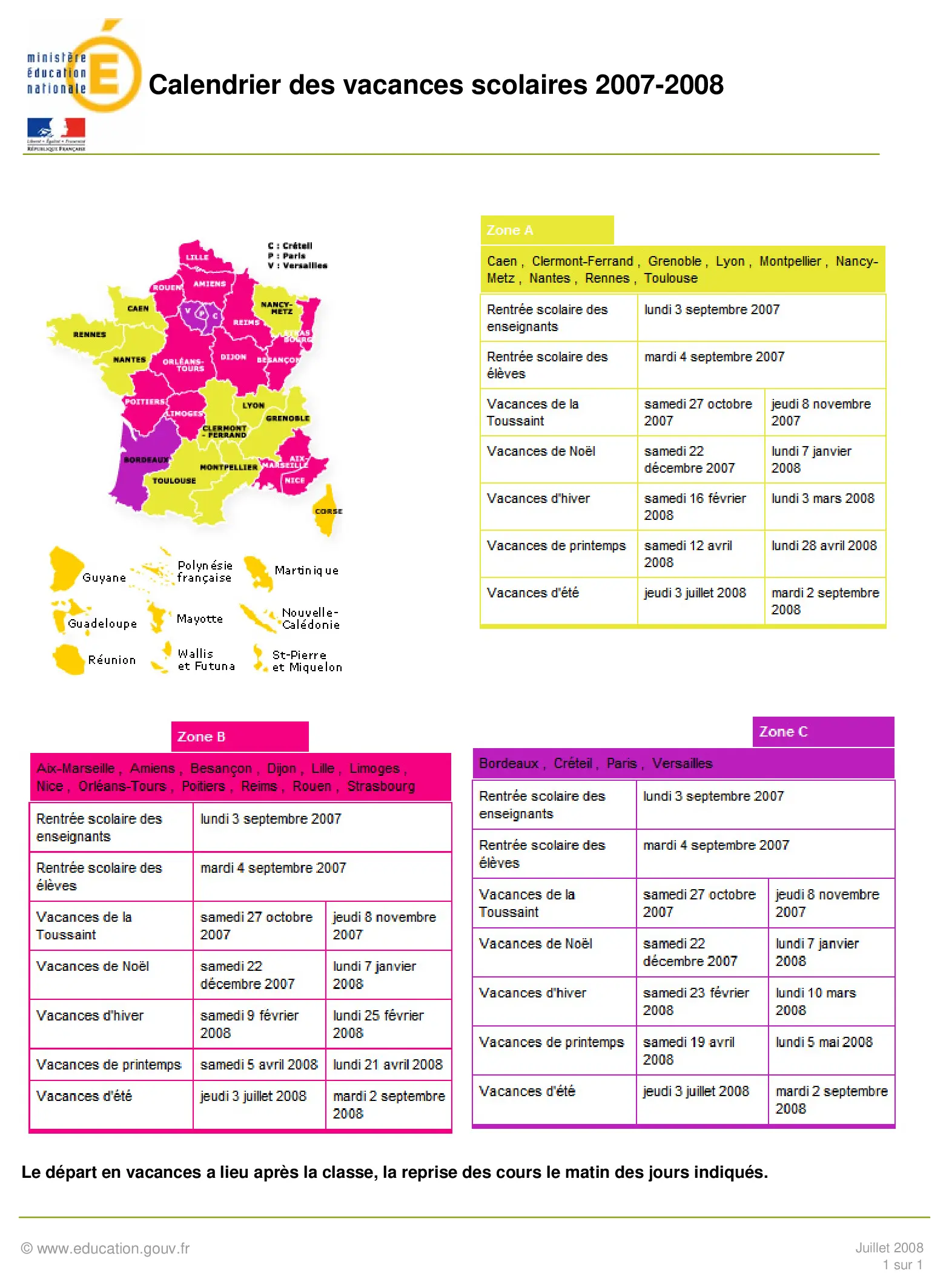 calendrier scolaire officiel 2007-2008