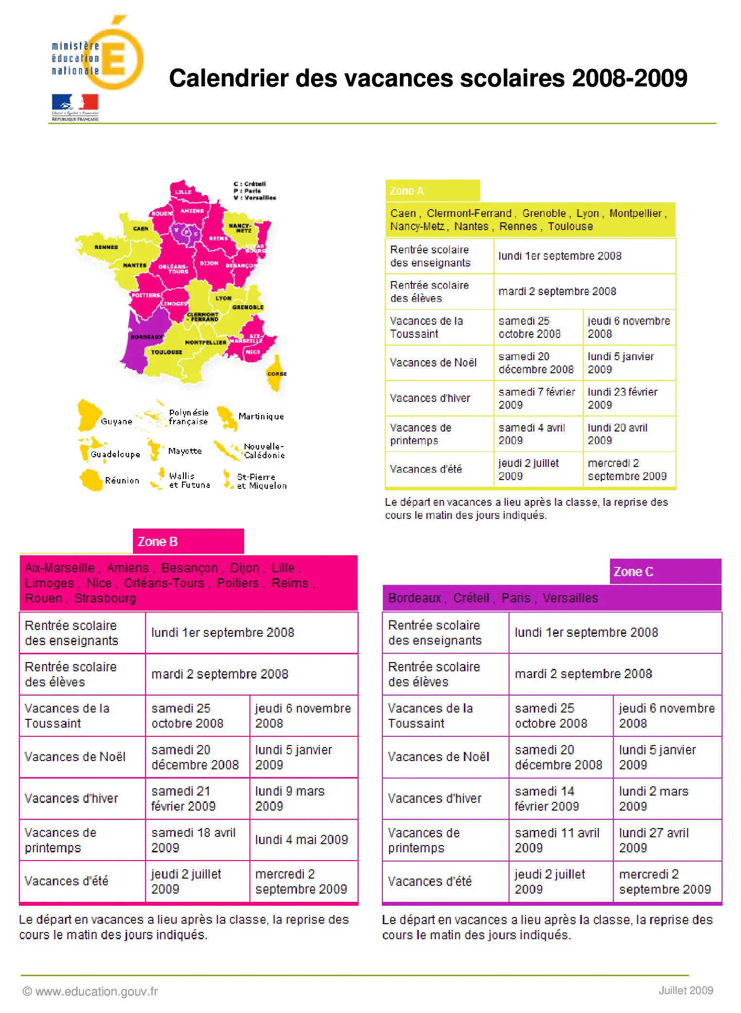 calendrier scolaire officiel 2008-2009