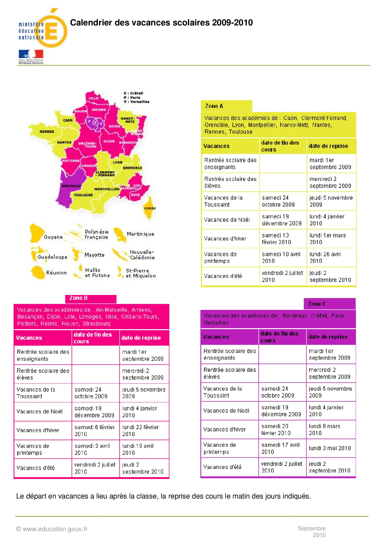 calendrier scolaire officiel 2009-2010