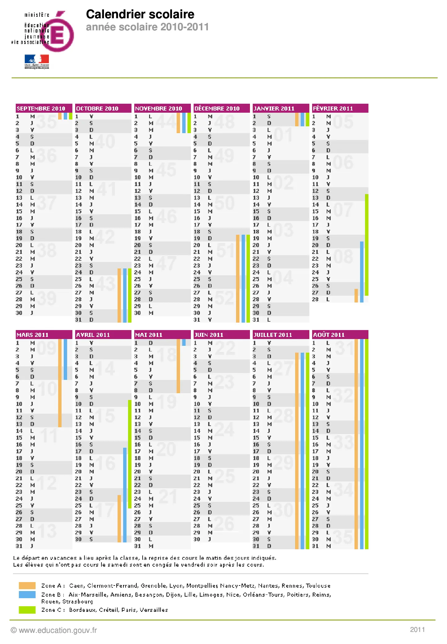 calendrier scolaire officiel 2010-2011