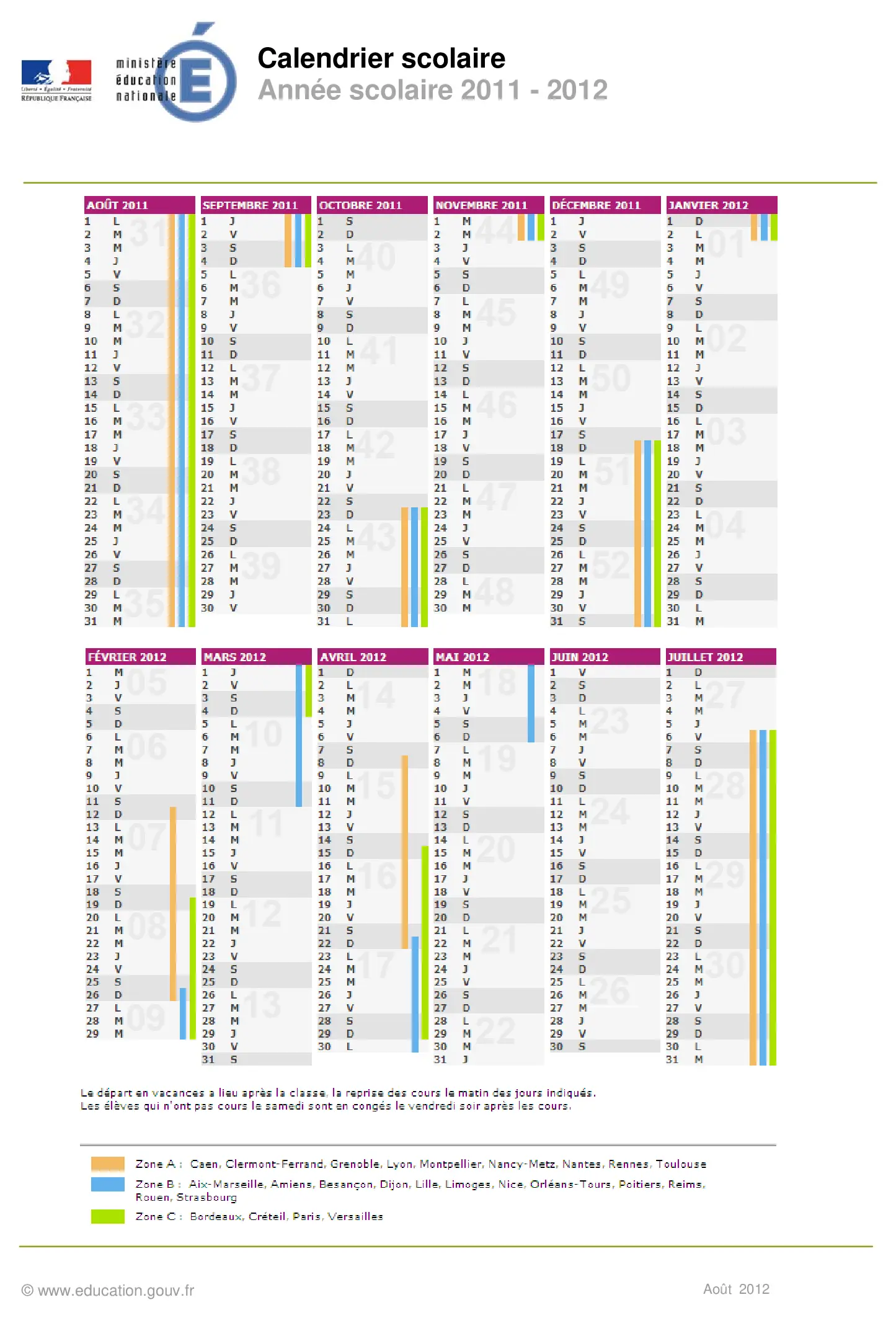 calendrier scolaire officiel 2011-2012