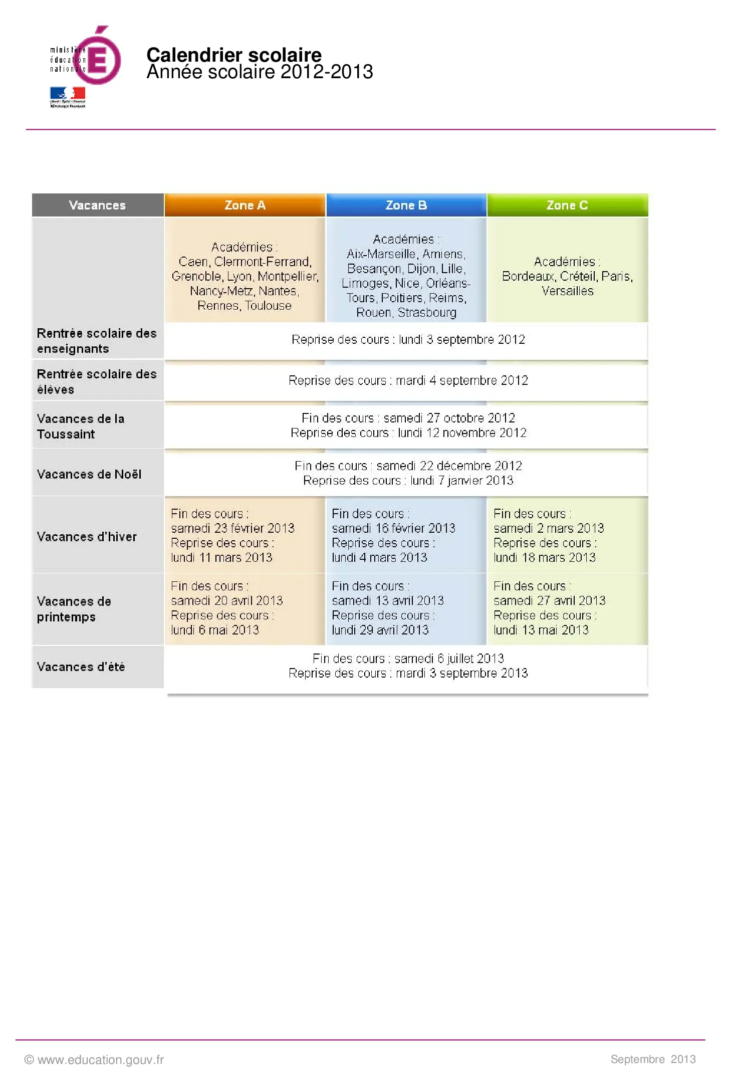 calendrier scolaire officiel 2012-2013
