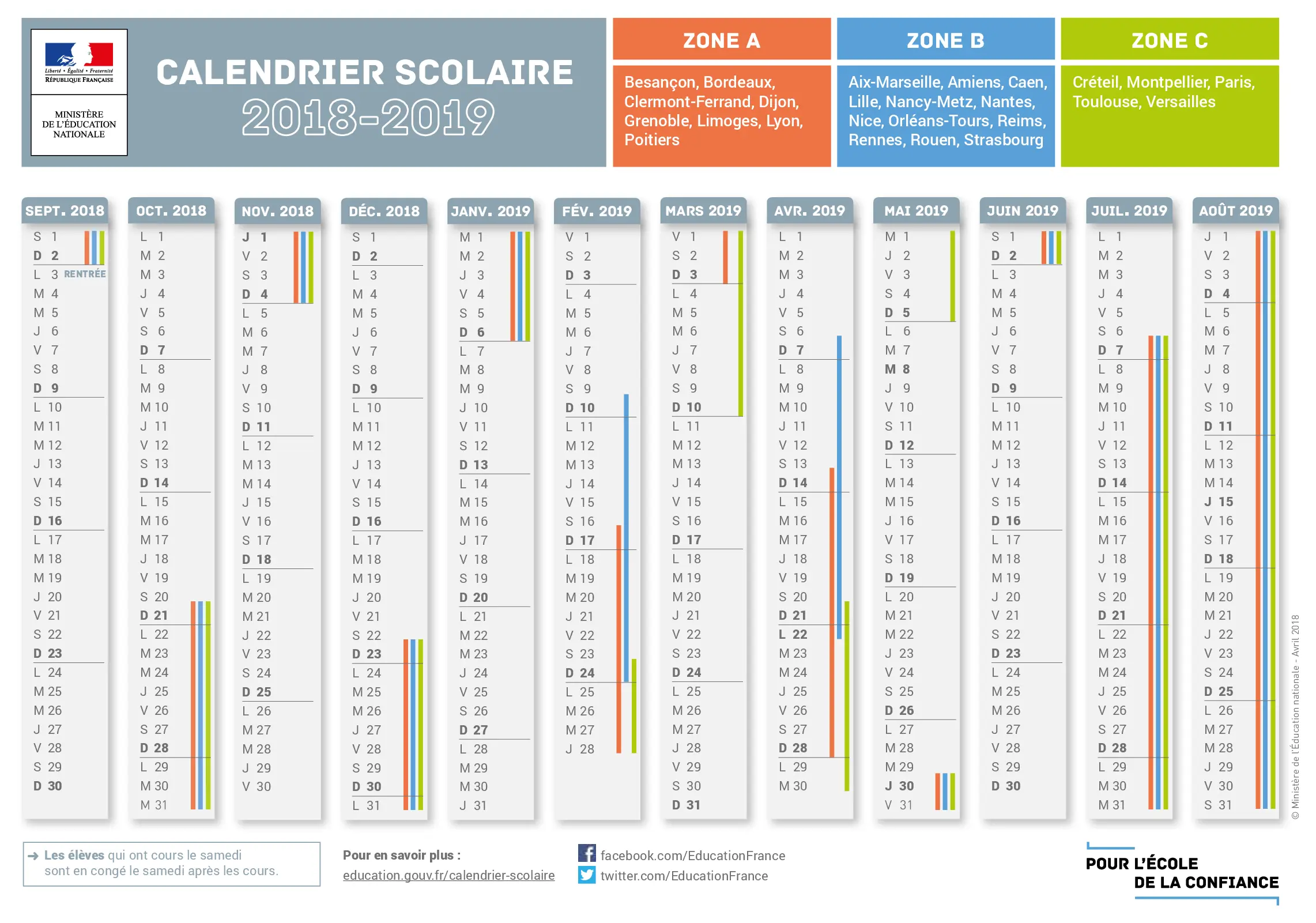 calendrier scolaire officiel 2018-2019