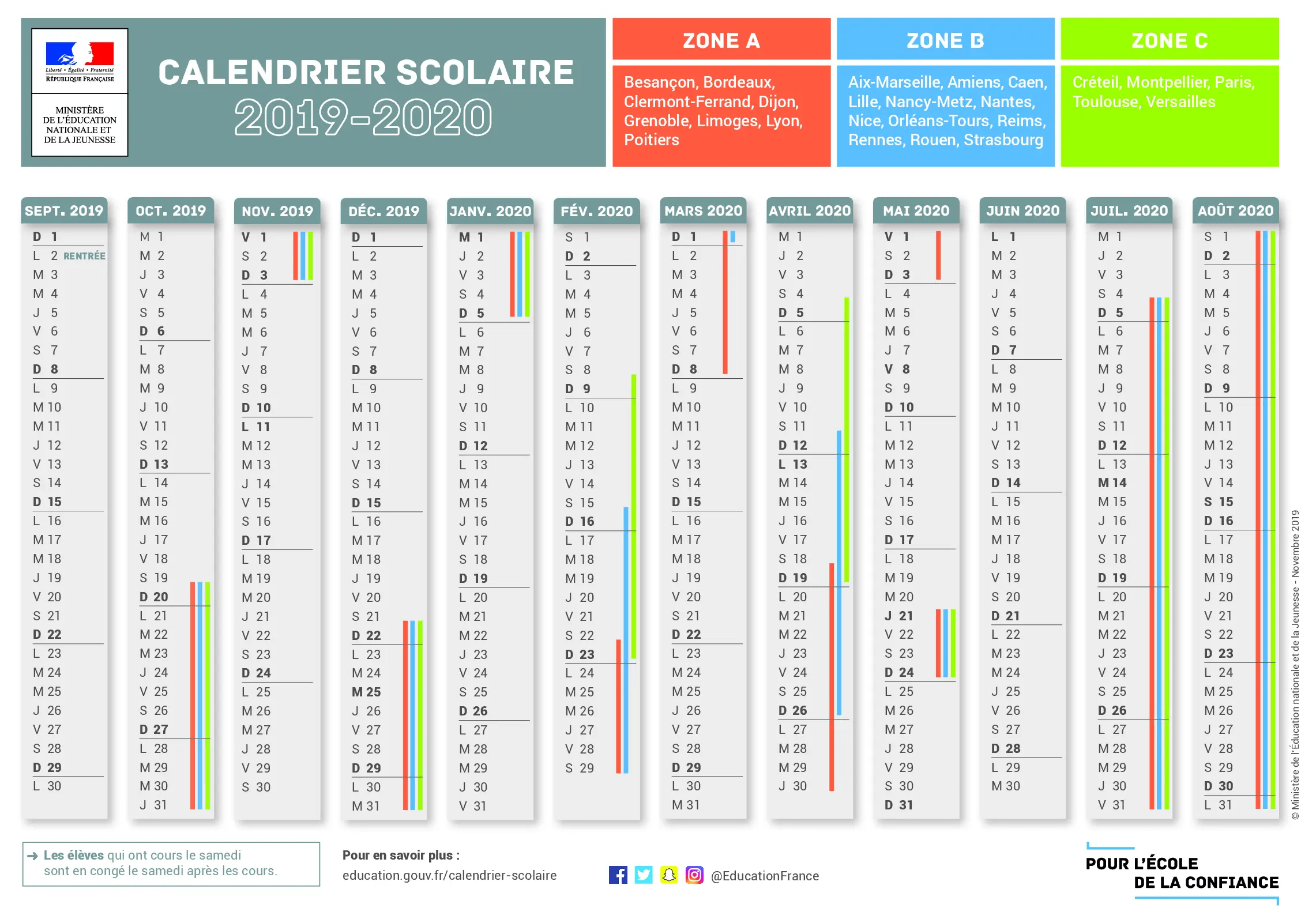 calendrier scolaire officiel 2019-2020