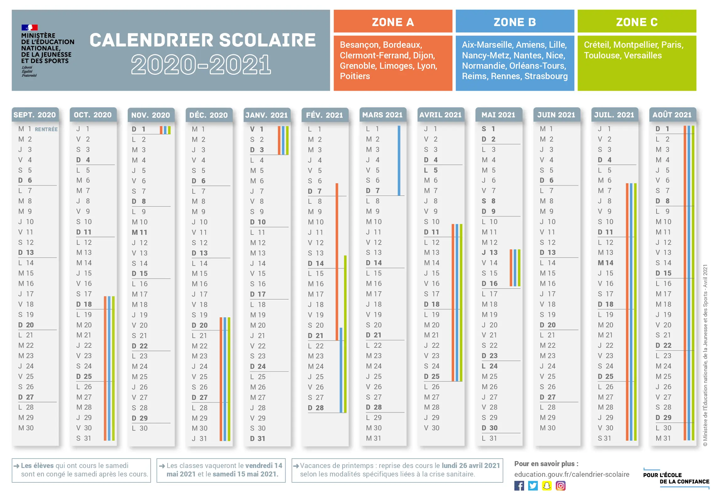 calendrier scolaire officiel 2020-2021