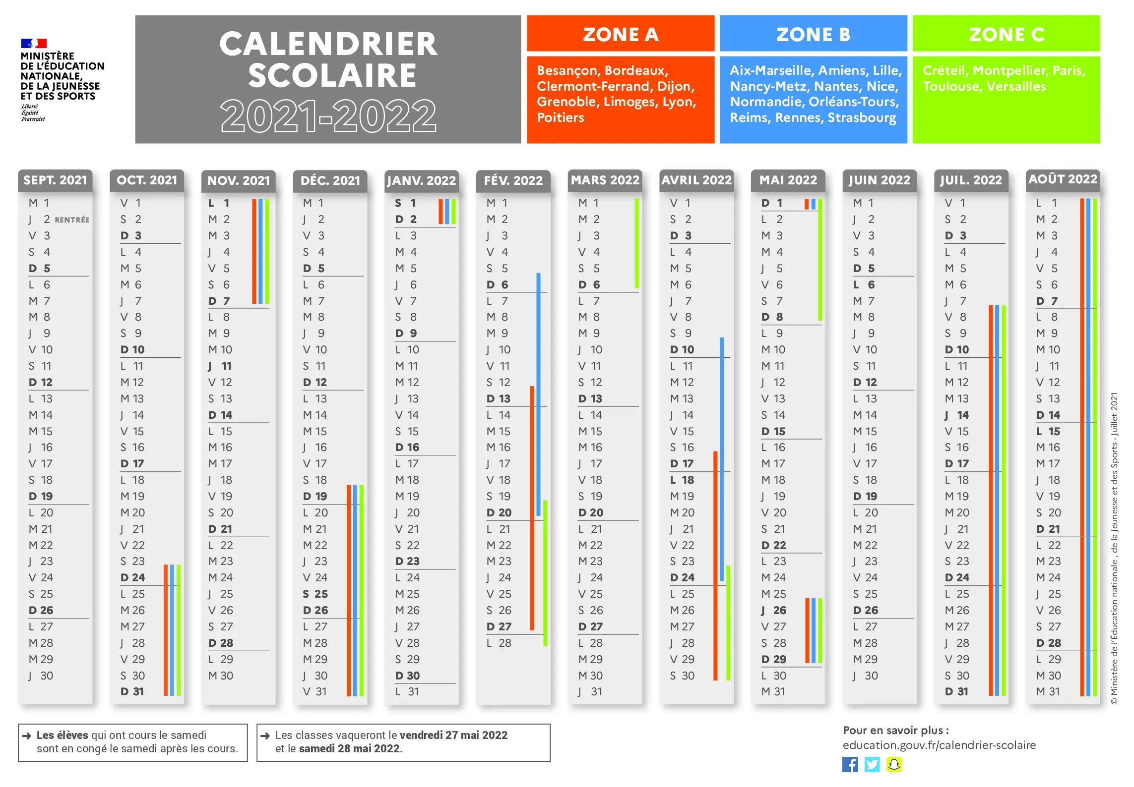 calendrier scolaire officiel 2021-2022