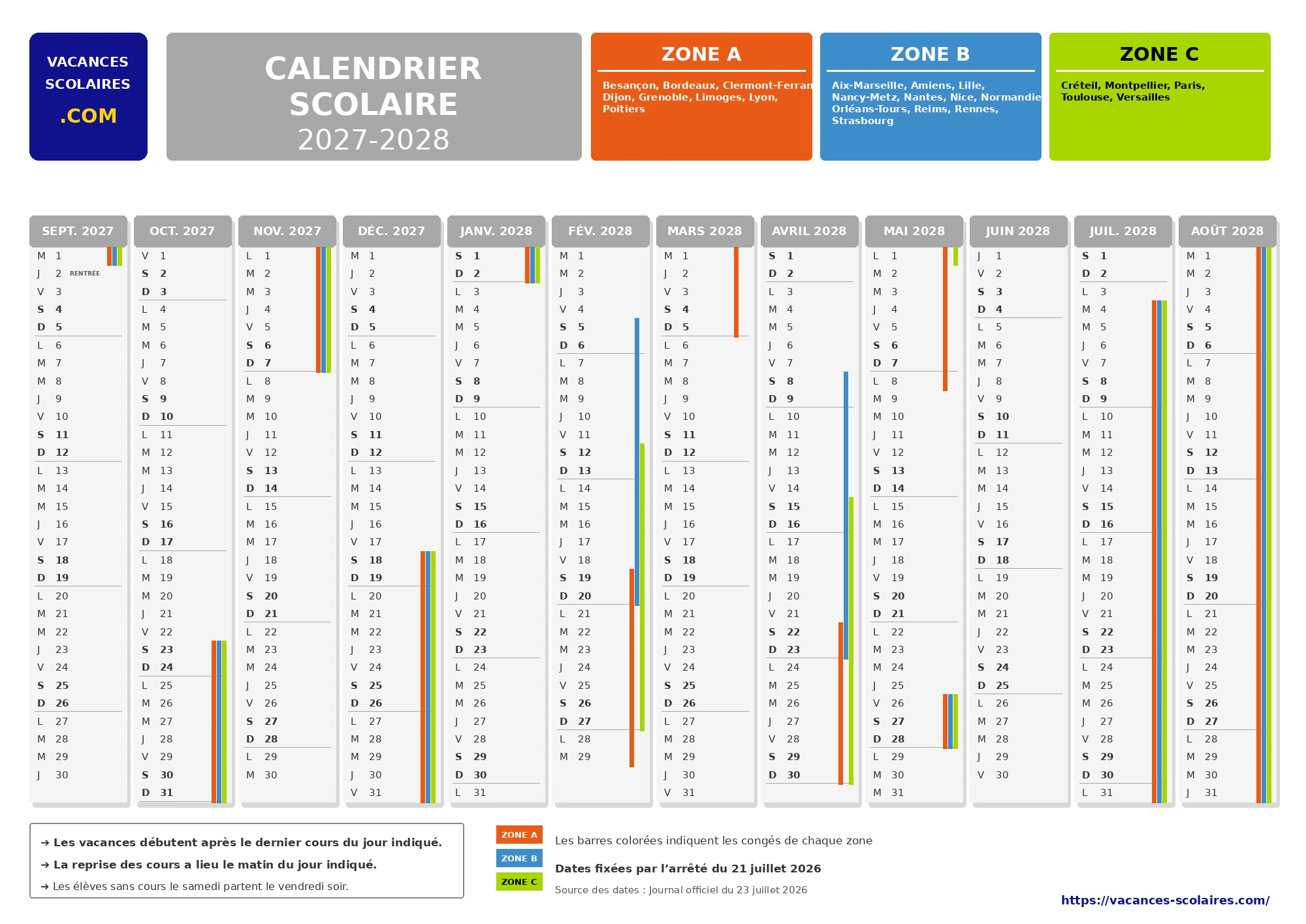 calendrier scolaire 2027-2028 officiel