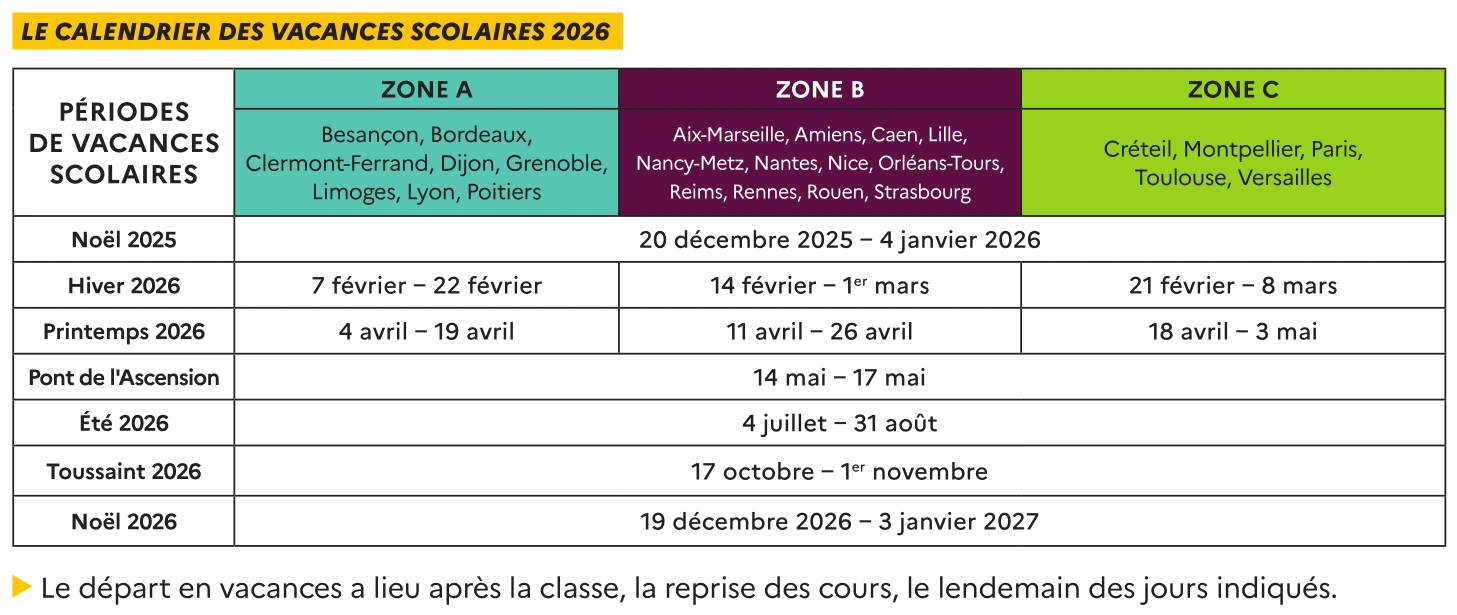 calendrier des vacances scolaires 2026