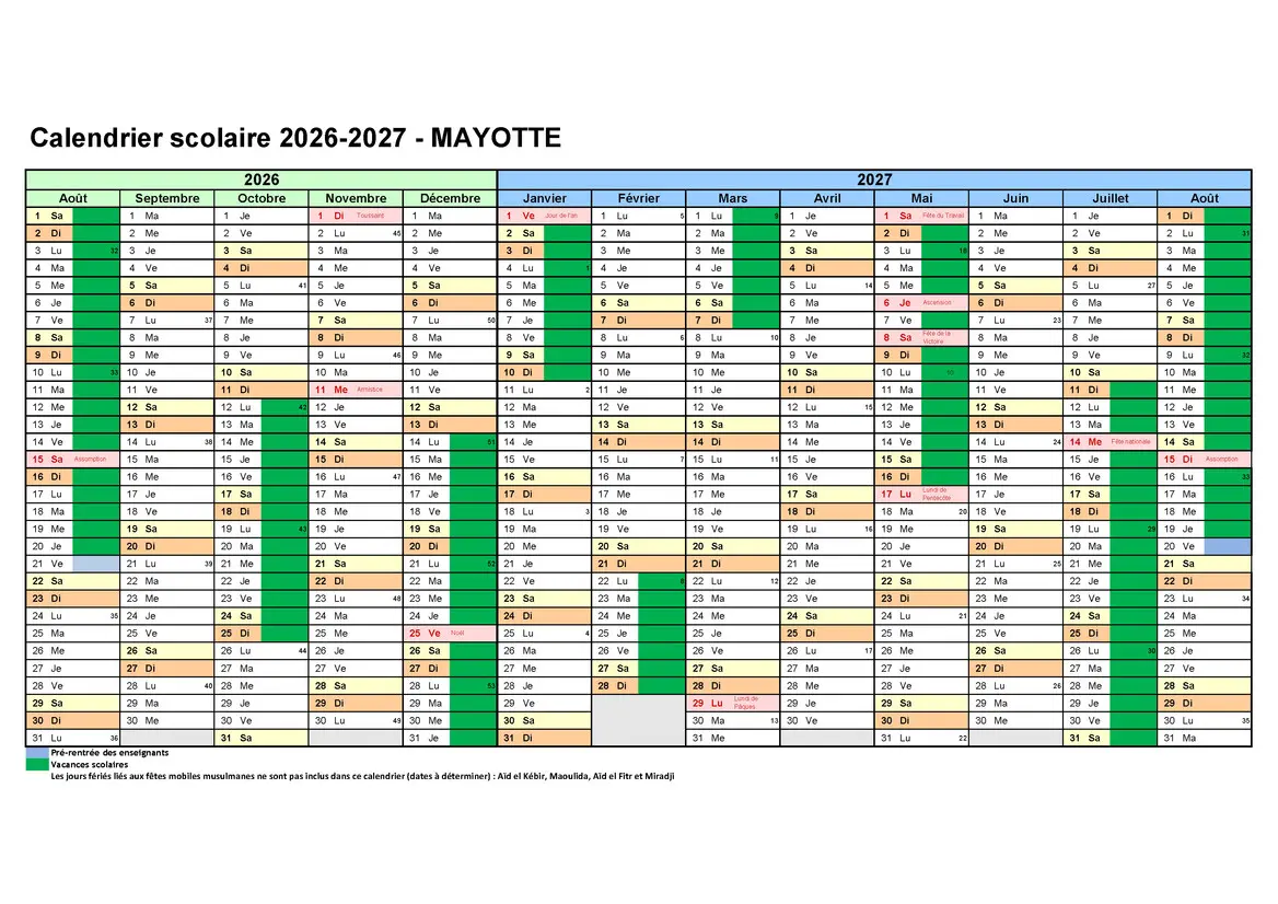calendrier scolaire mayotte 2026-2027