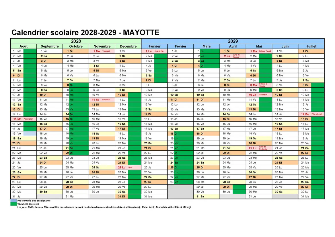 calendrier scolaire mayotte 2028-2029