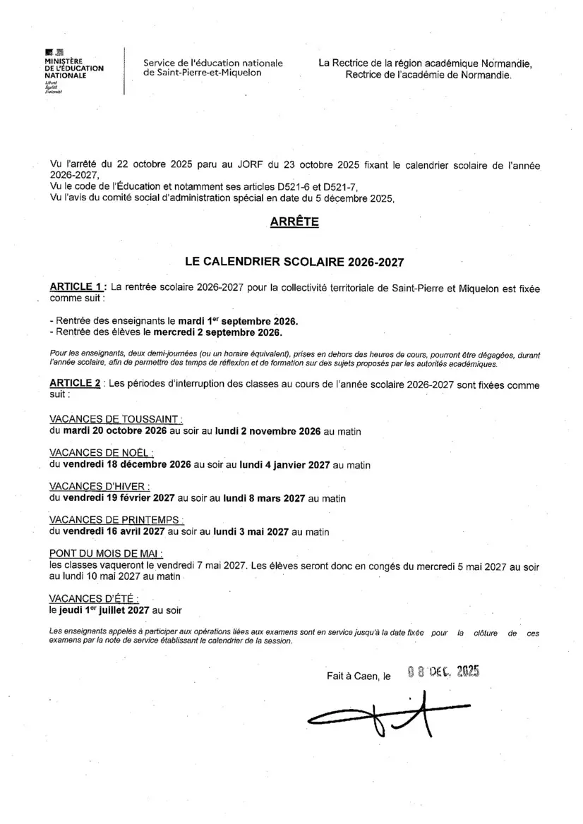 calendrier scolaire saint-pierre-et-miquelon 2026-2027