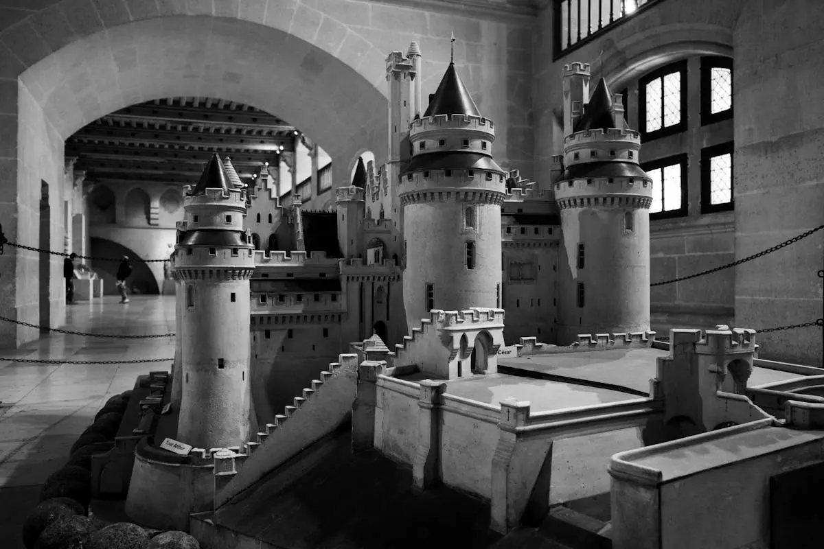 Black and white photo of Pierrefonds Castle model showcasing medieval architecture in Hauts-de-France, France.