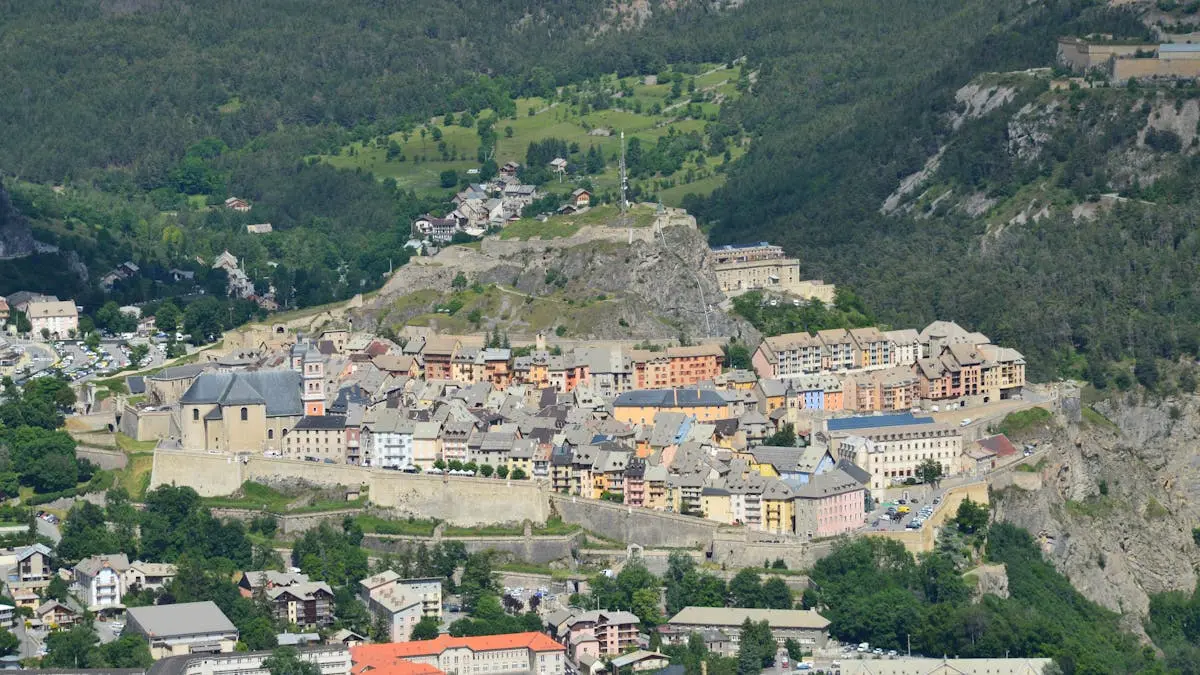 Aerial view of the fortified city of Briançon, nestled in the French Alps.