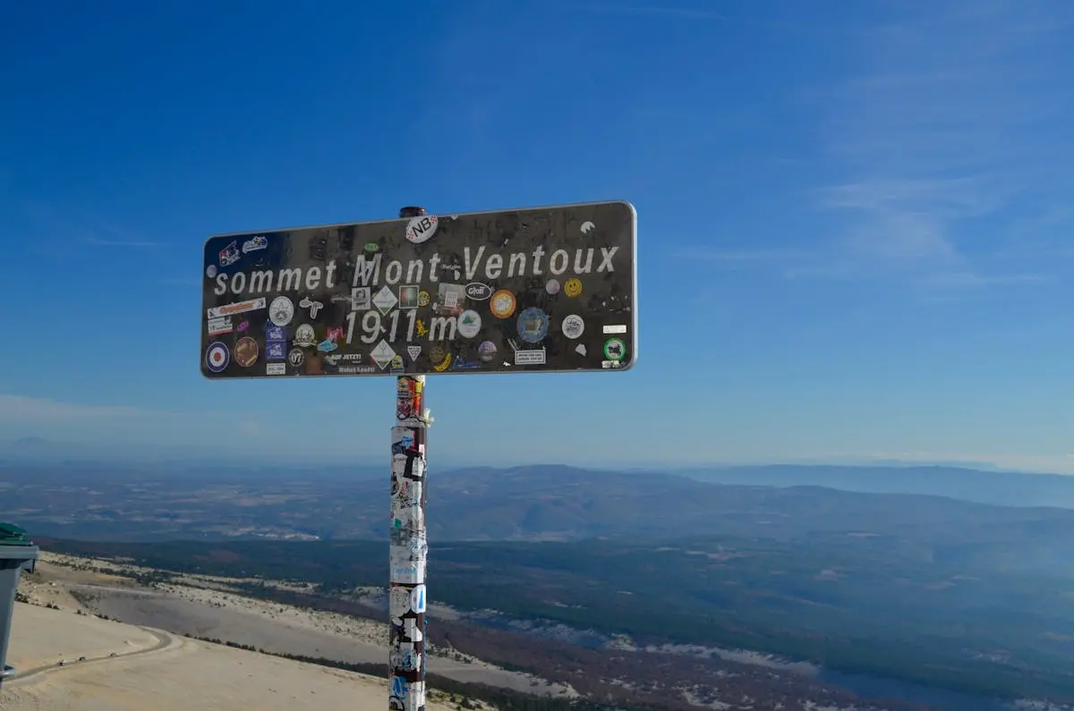 Iconic Mont Ventoux summit sign against a clear blue sky, Vaucluse, France.