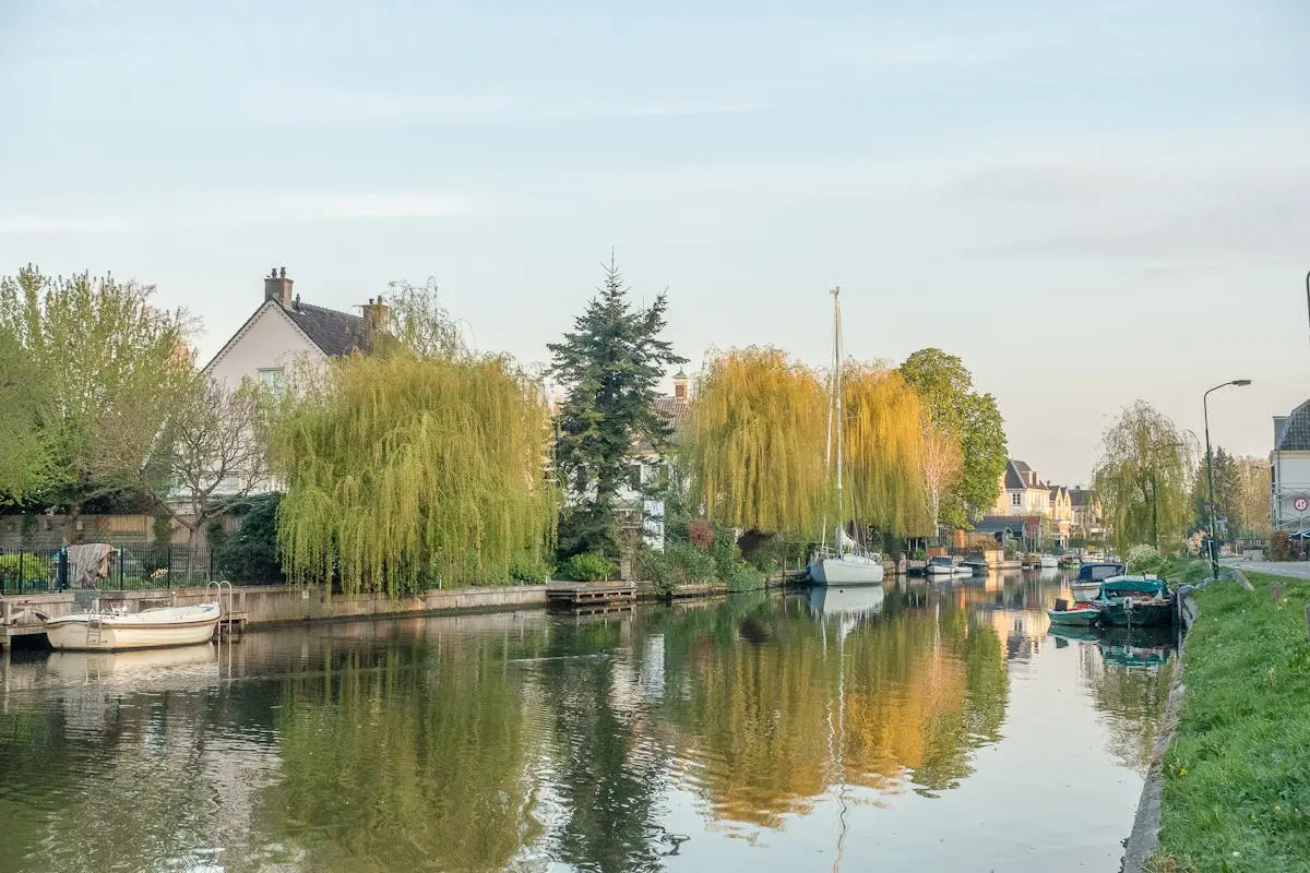 Serene autumn reflection with boats and trees along a picturesque town river.