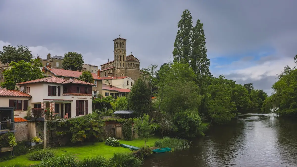 Picturesque scene of Clisson with its historic architecture by the river Loire in France.