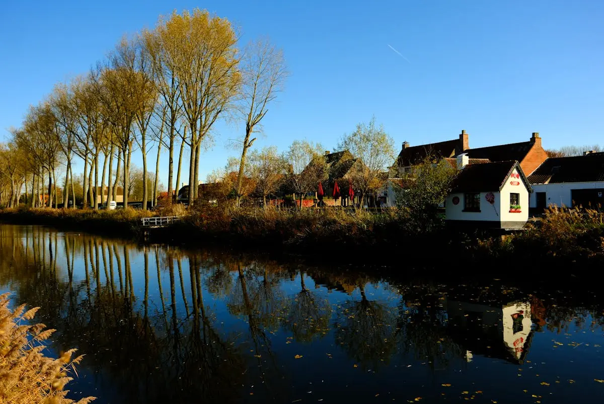 Tranquil autumn scene with trees and architecture reflecting in Damme's canal.