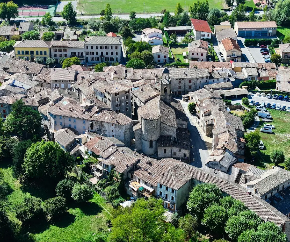 Aerial view of Annot, a picturesque medieval village in Provence-Alpes-Côte d'Azur, France.