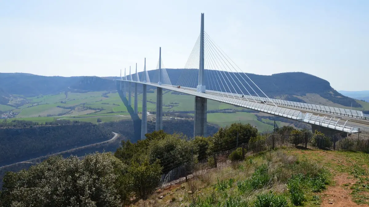 A stunning view of the Millau Viaduct, cable-stayed bridge in France, crossing the Tarn valley.
