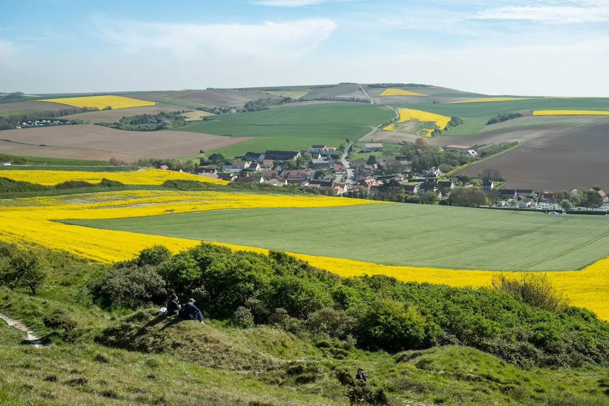 Champs verdoyants et jaunes entourant un village pittoresque dans le nord de la France