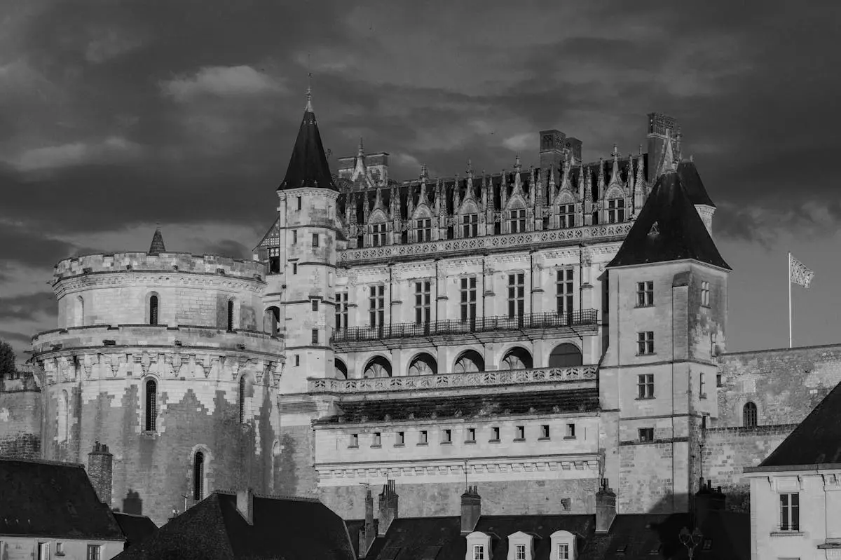 Stunning black and white photo of Château d'Amboise, showcasing its Gothic architecture.