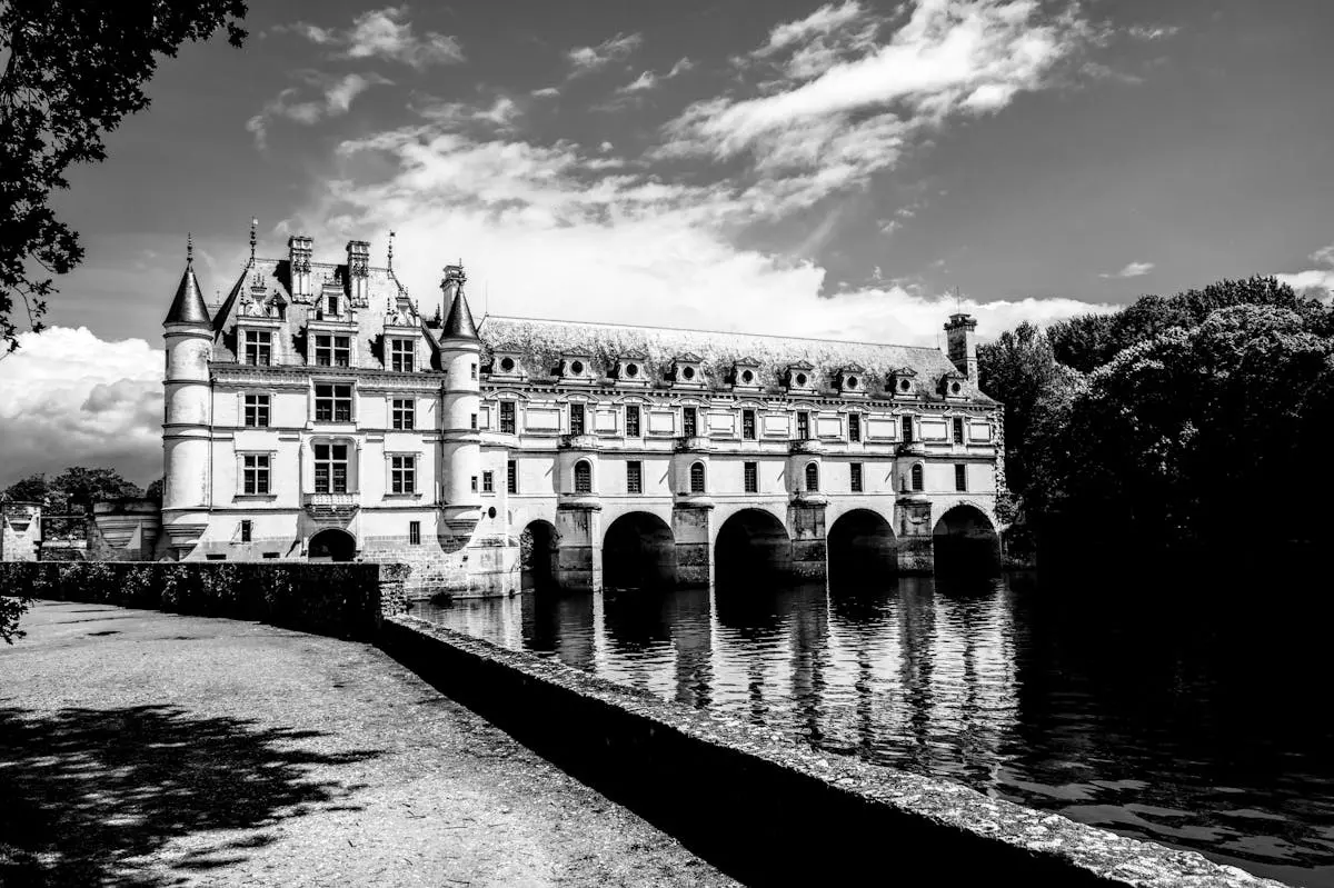 Black and white photo of Château de Chenonceau's arches reflected in the water.